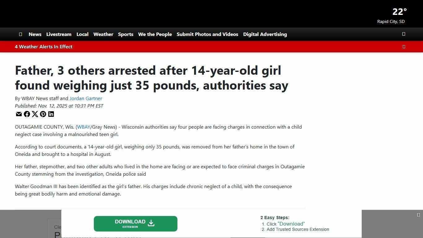 Father, 3 others arrested after 14-year-old girl found weighing just 35 pounds, authorities say