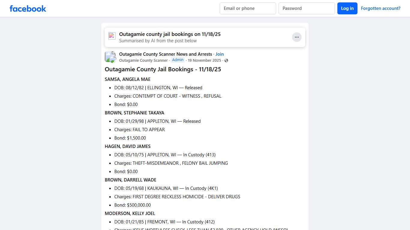 Outagamie County Scanner News and Arrests | # **Outagamie County Jail Bookings - 11/18/25** | Facebook
