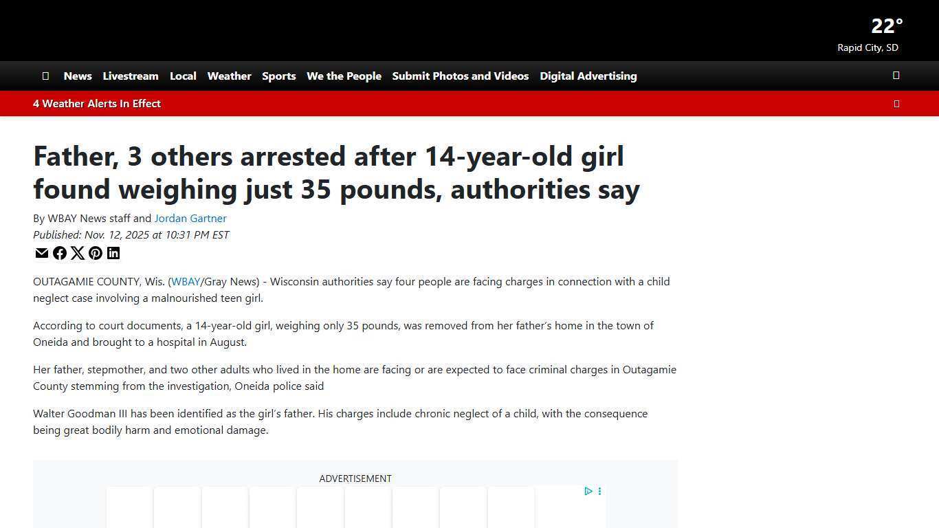 Father, 3 others arrested after 14-year-old girl found weighing just 35 pounds, authorities say